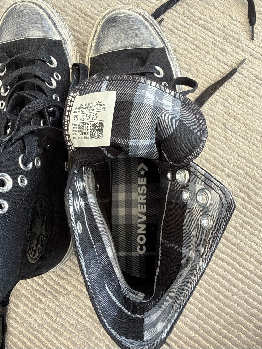 Converse Black High Top Sneakers with Gray Plaid Lining